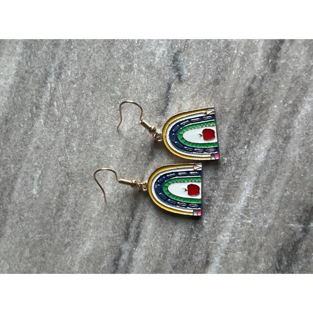 Colorful Rainbow and Apple Design Dangle Earrings